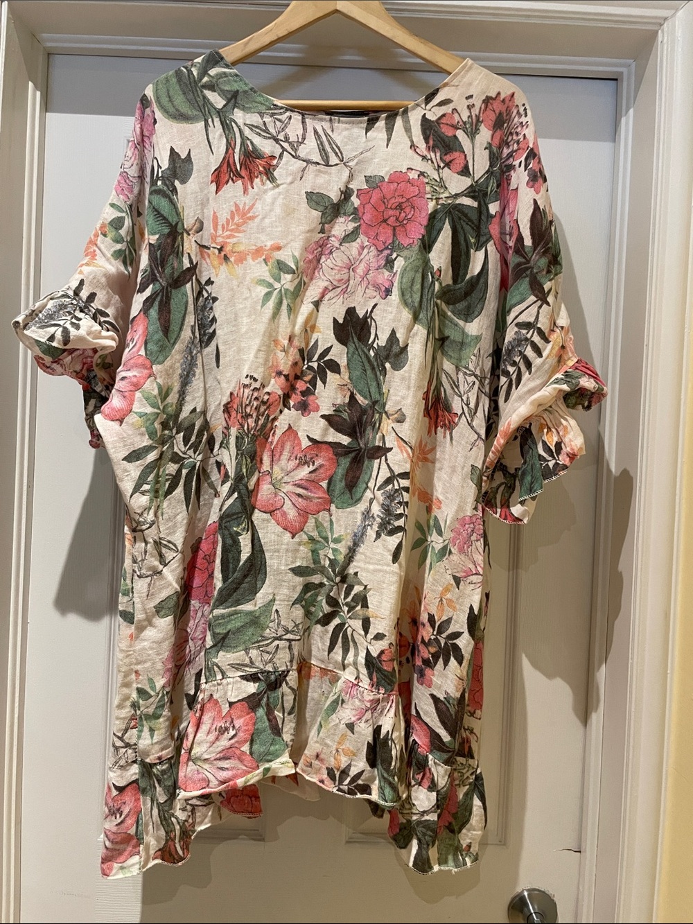 Linen Floral Tunic Dress Summer Boho Layering Resort M